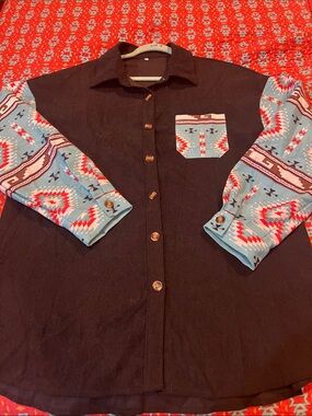 Western Casual Black Button-Down Shirt with Turquoise Aztec Sleeves